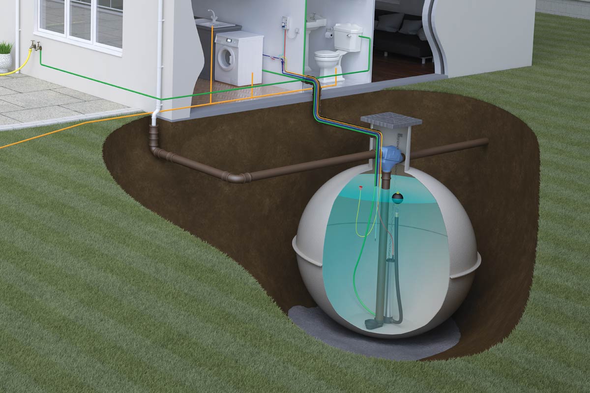 Ewen Milne 3D illustration - house, sewage treatment and rainwater harvesting