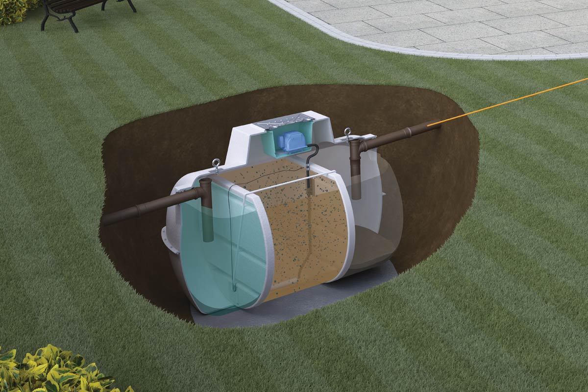 Ewen Milne 3D illustration - house, sewage treatment and rainwater harvesting