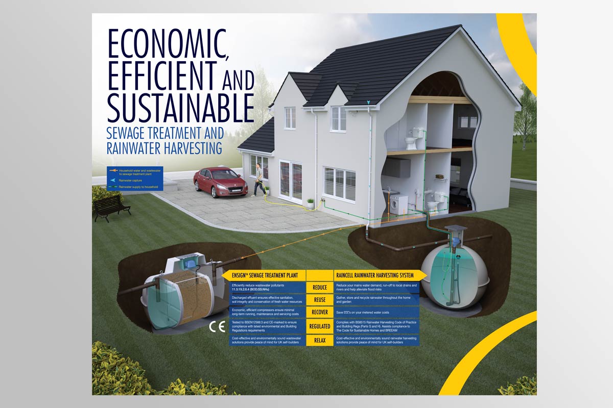 Ewen Milne 3D illustration - house, sewage treatment and rainwater harvesting